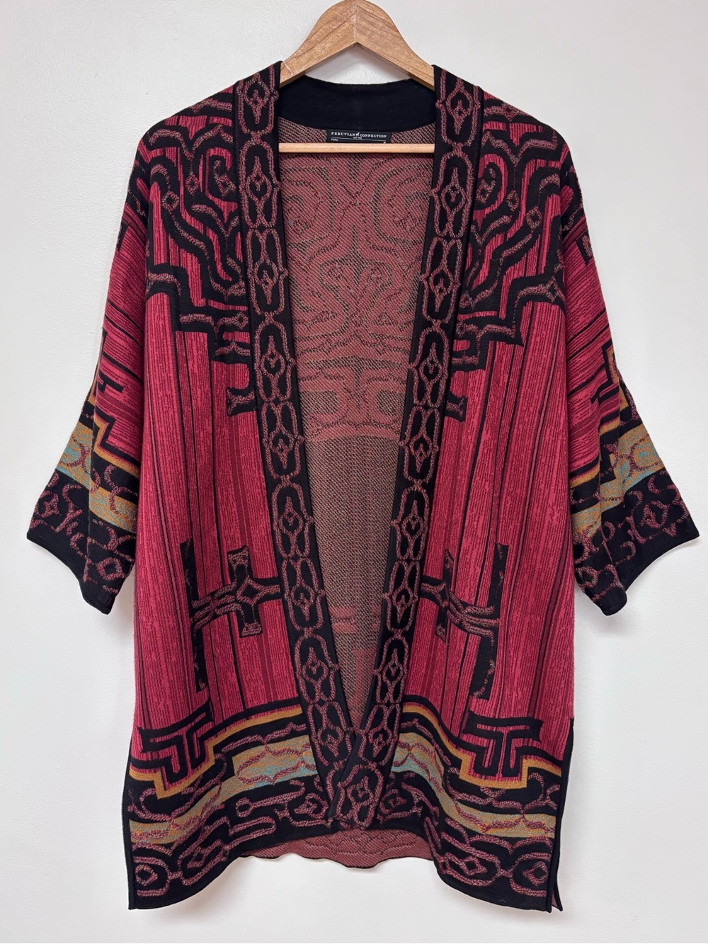 Peruvian Connection Pima Cotton Kimono Cardigan Orange Red Black Boho Tribal M